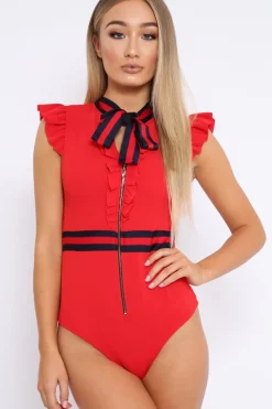 Rebellious Fashion Red Sleeveless Frill Stripe Bodysuit - Laili