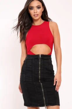 Rebellious Fashion Red Slinky Cut Out Middle Bodysuit - Jolissa