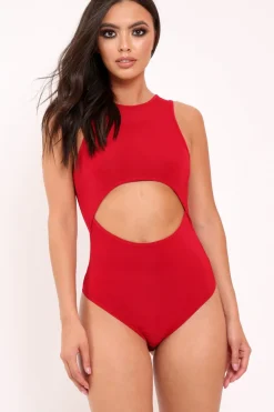 Rebellious Fashion Red Slinky Cut Out Middle Bodysuit - Jolissa