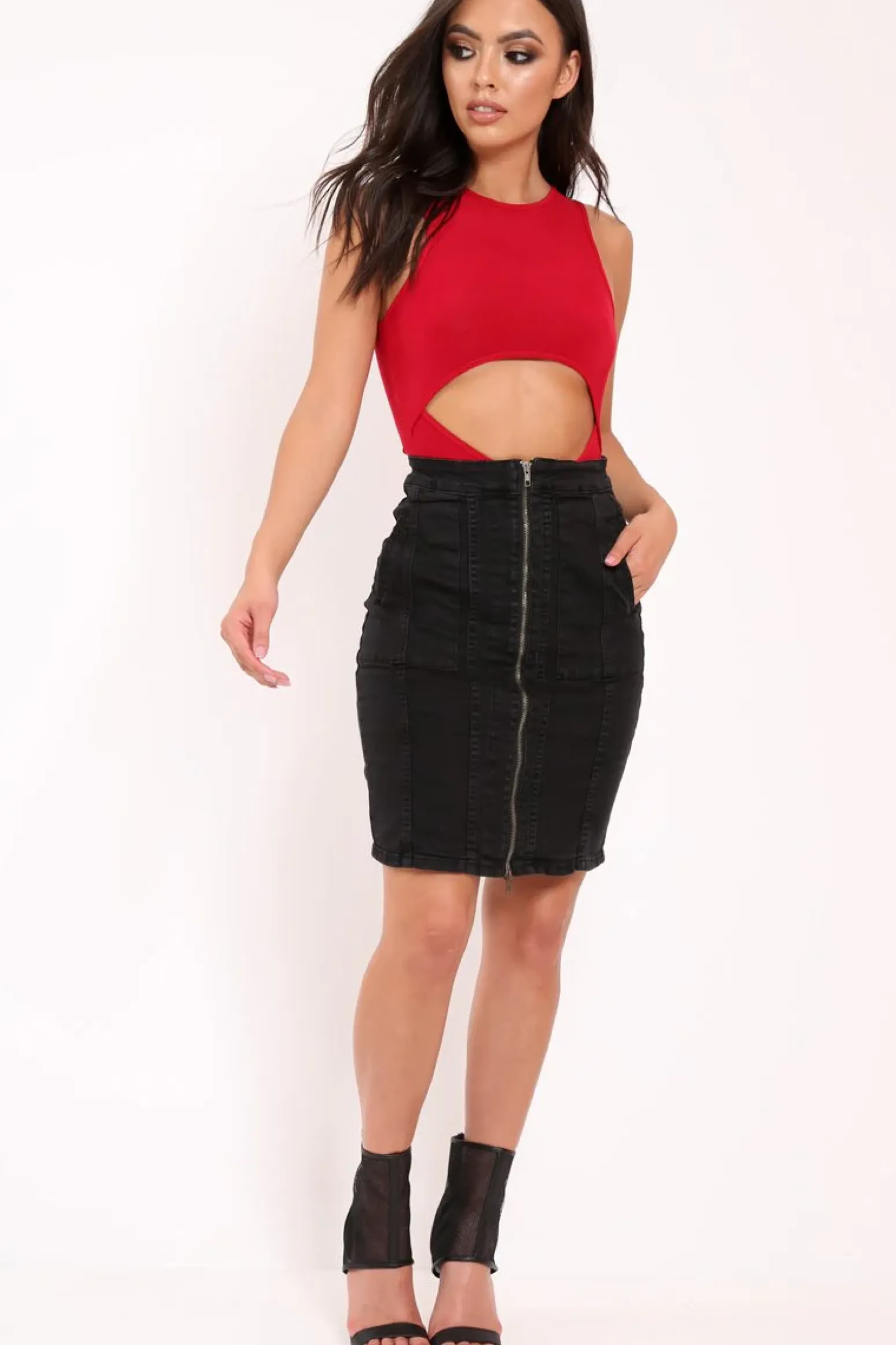 Rebellious Fashion Red Slinky Cut Out Middle Bodysuit - Jolissa