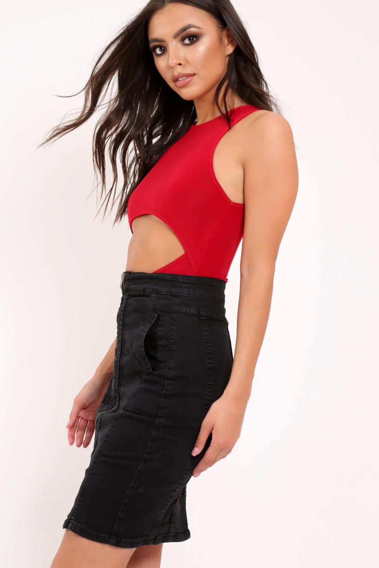 Rebellious Fashion Red Slinky Cut Out Middle Bodysuit - Jolissa