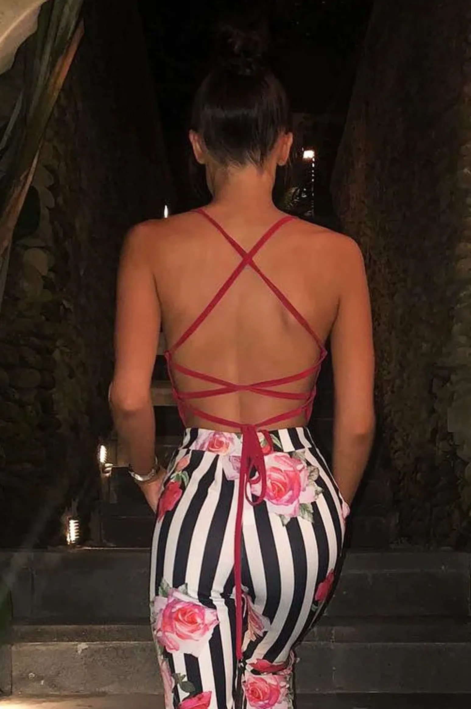 Rebellious Fashion Red Slinky Lace Up Back Bodysuit - Danella