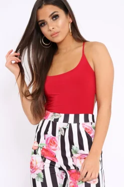 Rebellious Fashion Red Slinky Lace Up Back Bodysuit - Danella