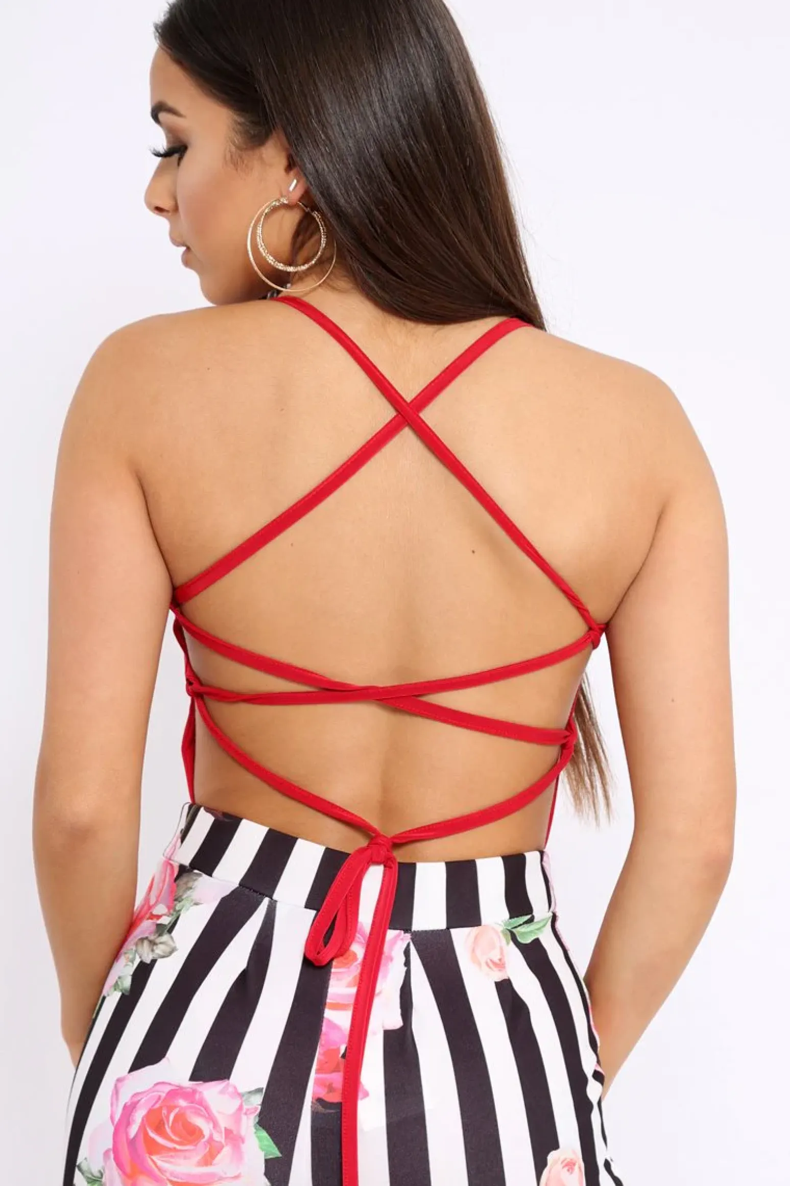 Rebellious Fashion Red Slinky Lace Up Back Bodysuit - Danella