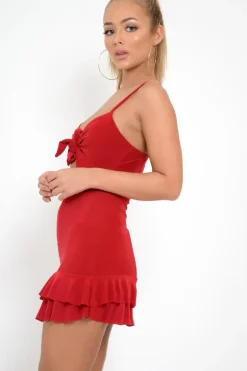 Rebellious Fashion Red Slinky Tie Front Ruffle Dress - Keli