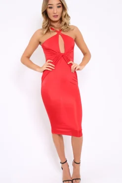 Rebellious Fashion Red Slinky Twist Front Bodycon Midi Dress - Lisa