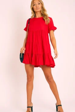 Rebellious Fashion Red Smock Tiered Frill Sleeve Mini Dress - Olah