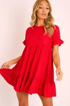Rebellious Fashion Red Smock Tiered Frill Sleeve Mini Dress - Olah