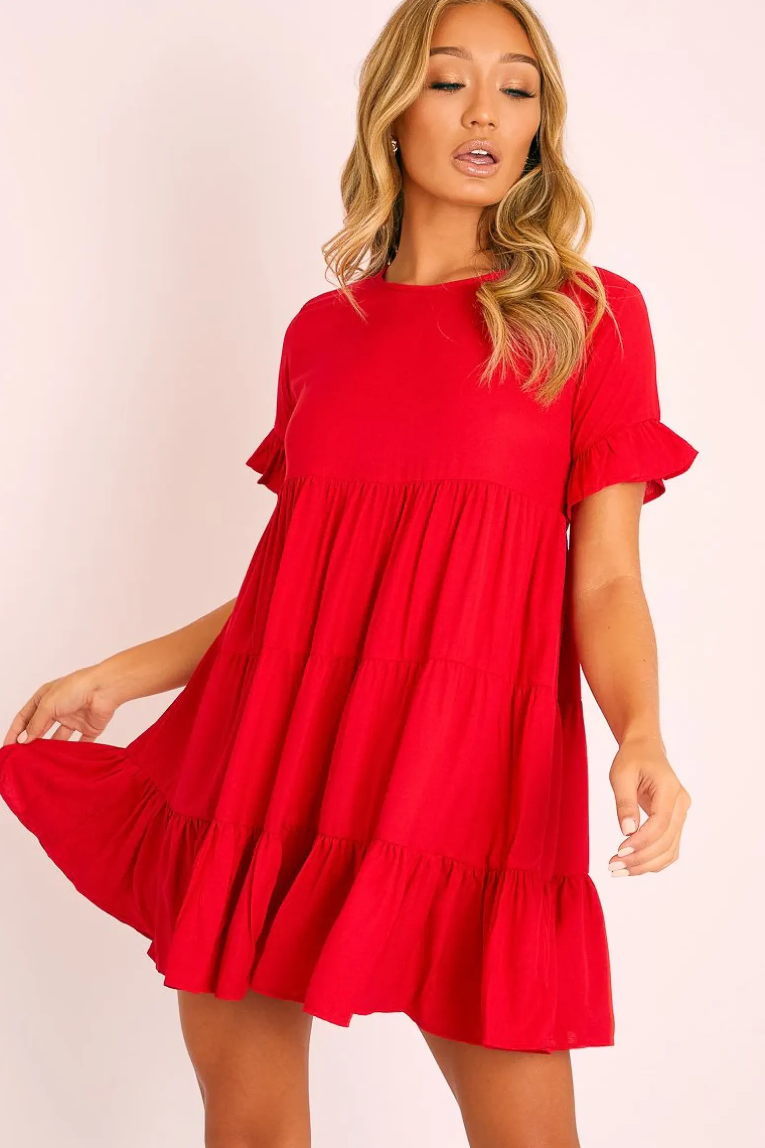 Rebellious Fashion Red Smock Tiered Frill Sleeve Mini Dress - Olah