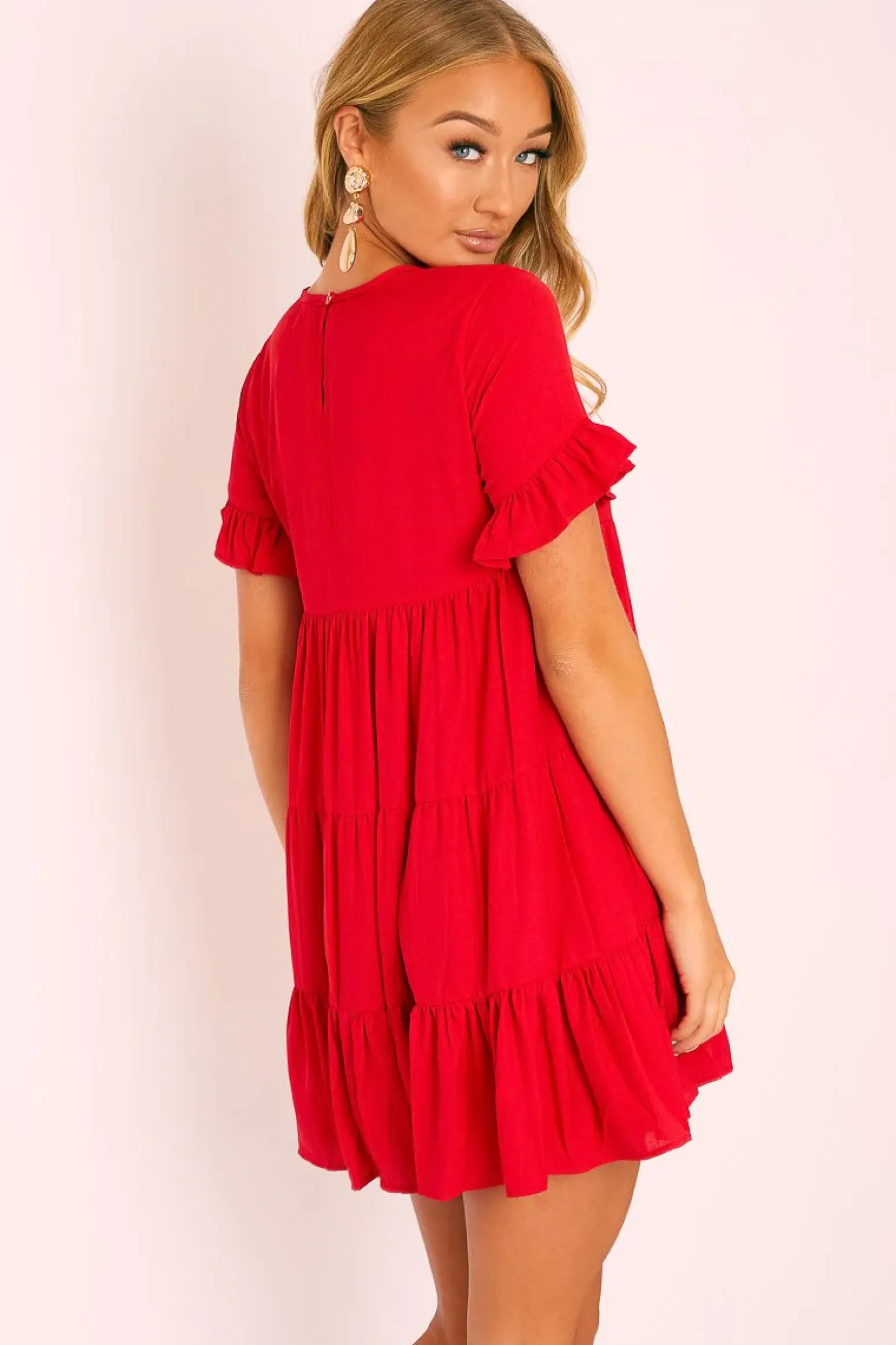 Rebellious Fashion Red Smock Tiered Frill Sleeve Mini Dress - Olah
