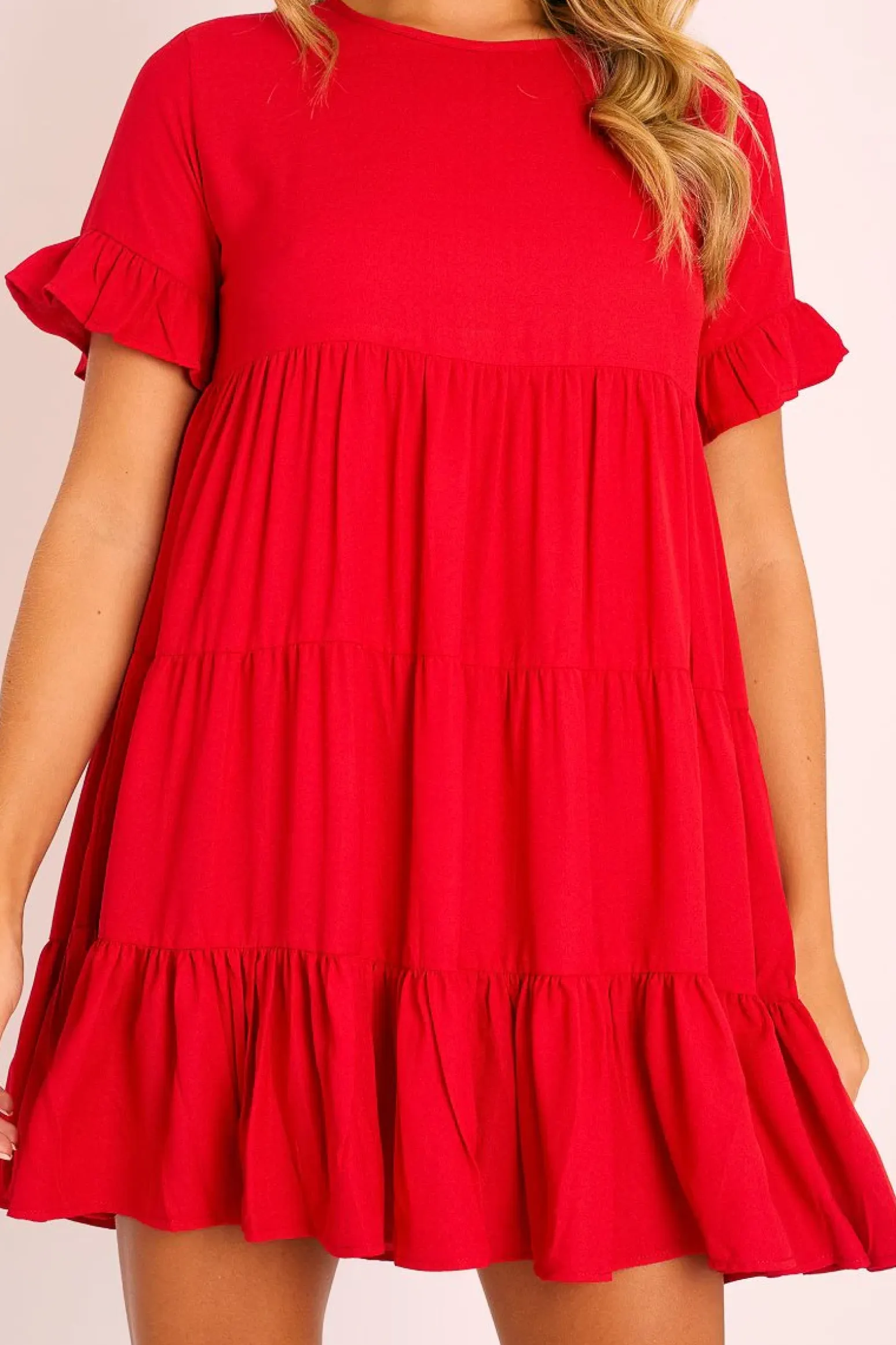 Rebellious Fashion Red Smock Tiered Frill Sleeve Mini Dress - Olah