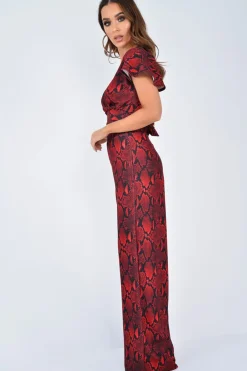 Rebellious Fashion Red Snake Print Tie Back Crop Top And Wide Leg Trouser Co-ord - Georgine