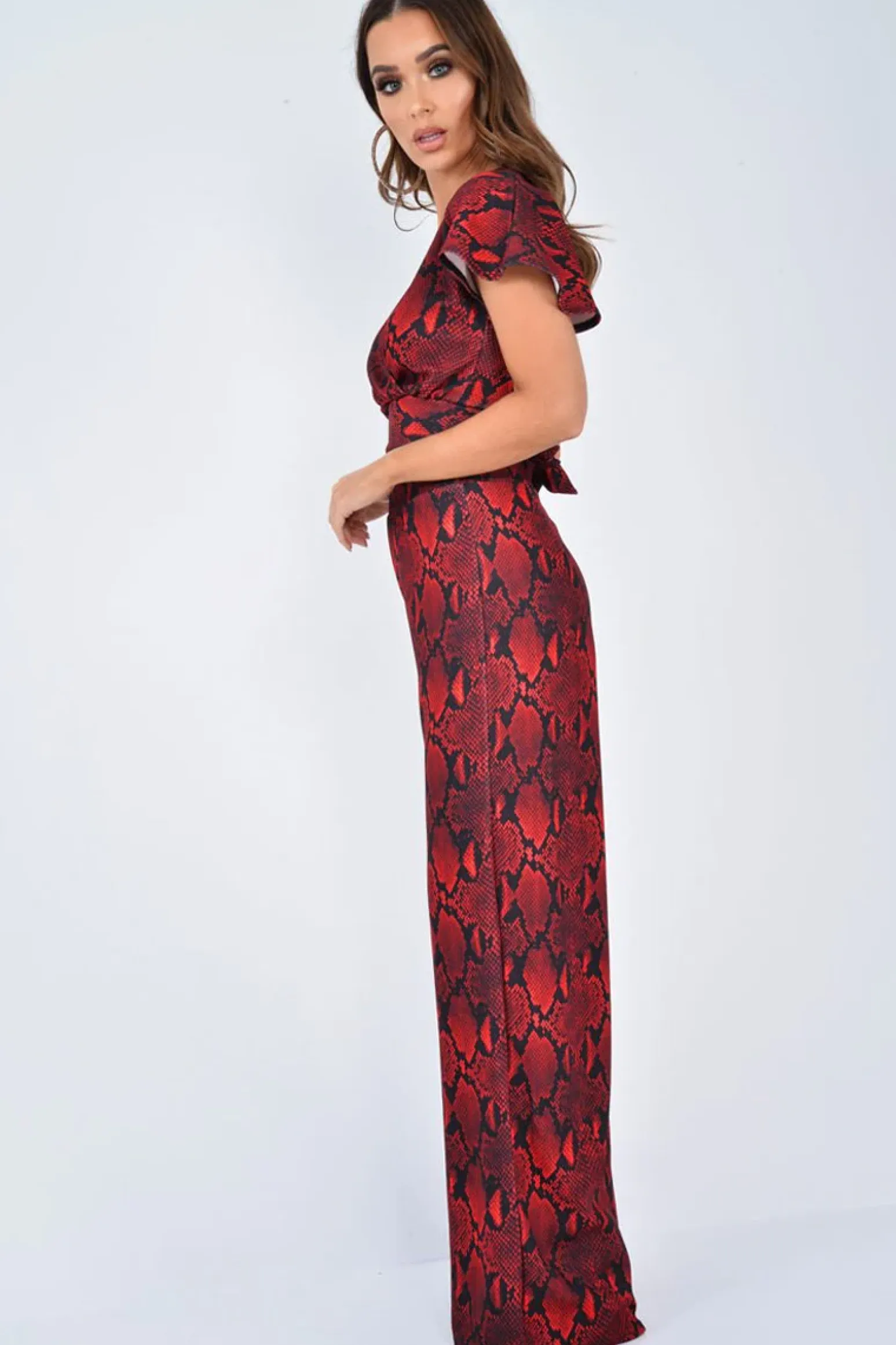 Rebellious Fashion Red Snake Print Tie Back Crop Top And Wide Leg Trouser Co-ord - Georgine
