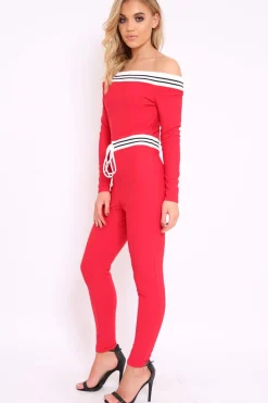 Rebellious Fashion Red Sports Trim Bardot Jumpsuit - Millie