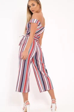 Rebellious Fashion Red Stripe Bardot Culotte Jumpsuit - Annarae