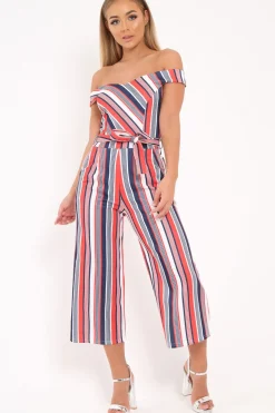 Rebellious Fashion Red Stripe Bardot Culotte Jumpsuit - Annarae