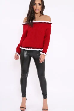 Rebellious Fashion Red Stripe Bardot Knitted Jumper - Bailey
