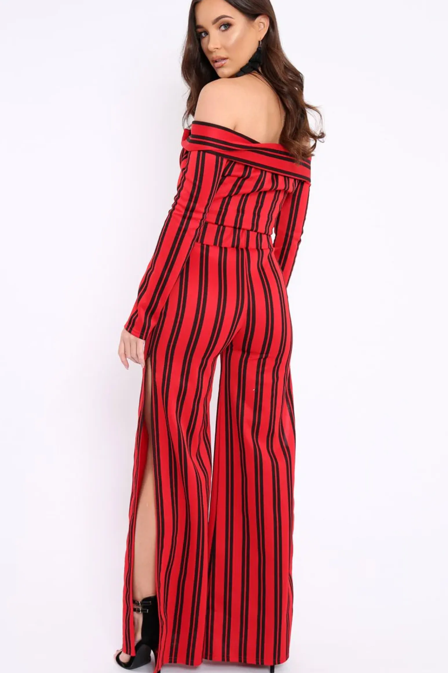 Rebellious Fashion Red Stripe Bardot Ruffle Top and Trouser Set - Inas