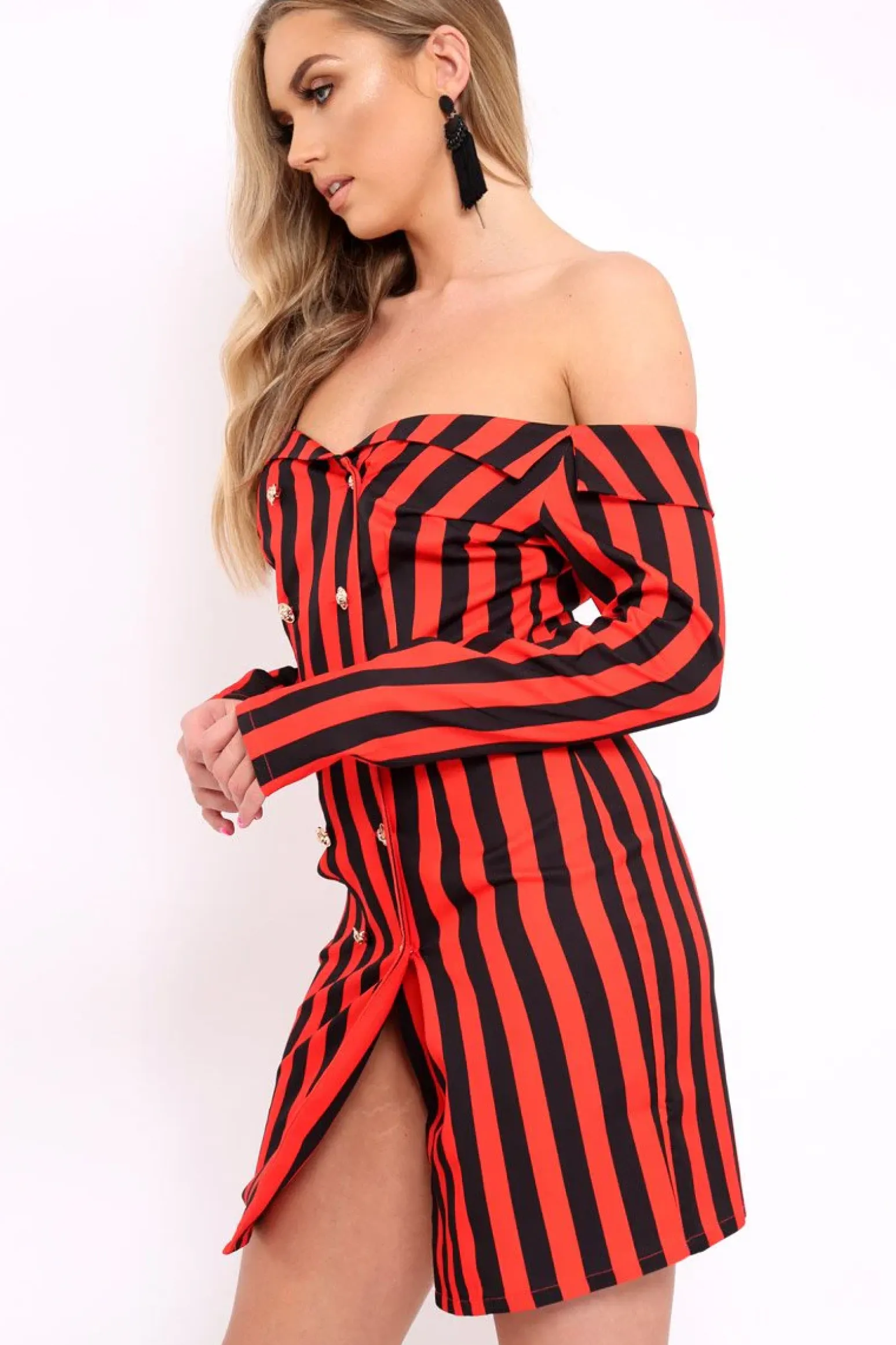 Rebellious Fashion Red Stripe Button Detail Dress - Aaliyana