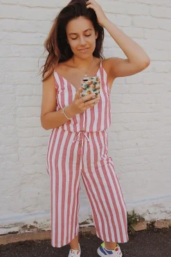 Rebellious Fashion Red Stripe Button Up Jumpsuit - Zayda