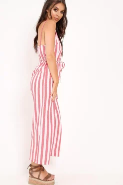 Rebellious Fashion Red Stripe Button Up Jumpsuit - Zayda