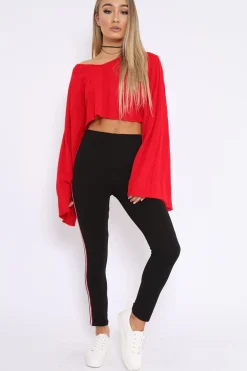 Rebellious Fashion Red Striped Cropped Batwing Jumper with V neck - Karri