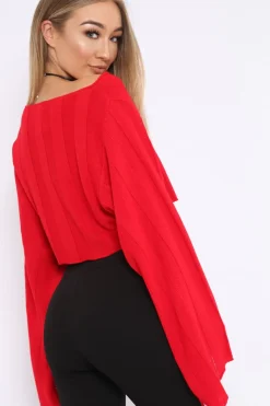 Rebellious Fashion Red Striped Cropped Batwing Jumper with V neck - Karri