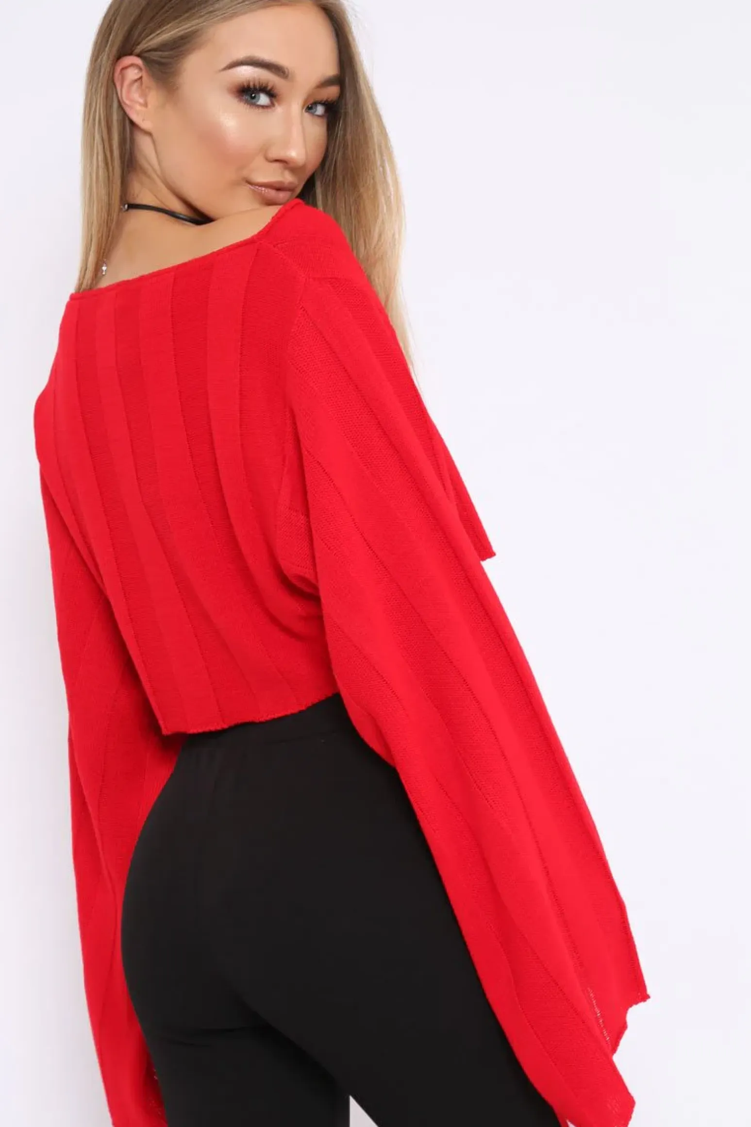 Rebellious Fashion Red Striped Cropped Batwing Jumper with V neck - Karri