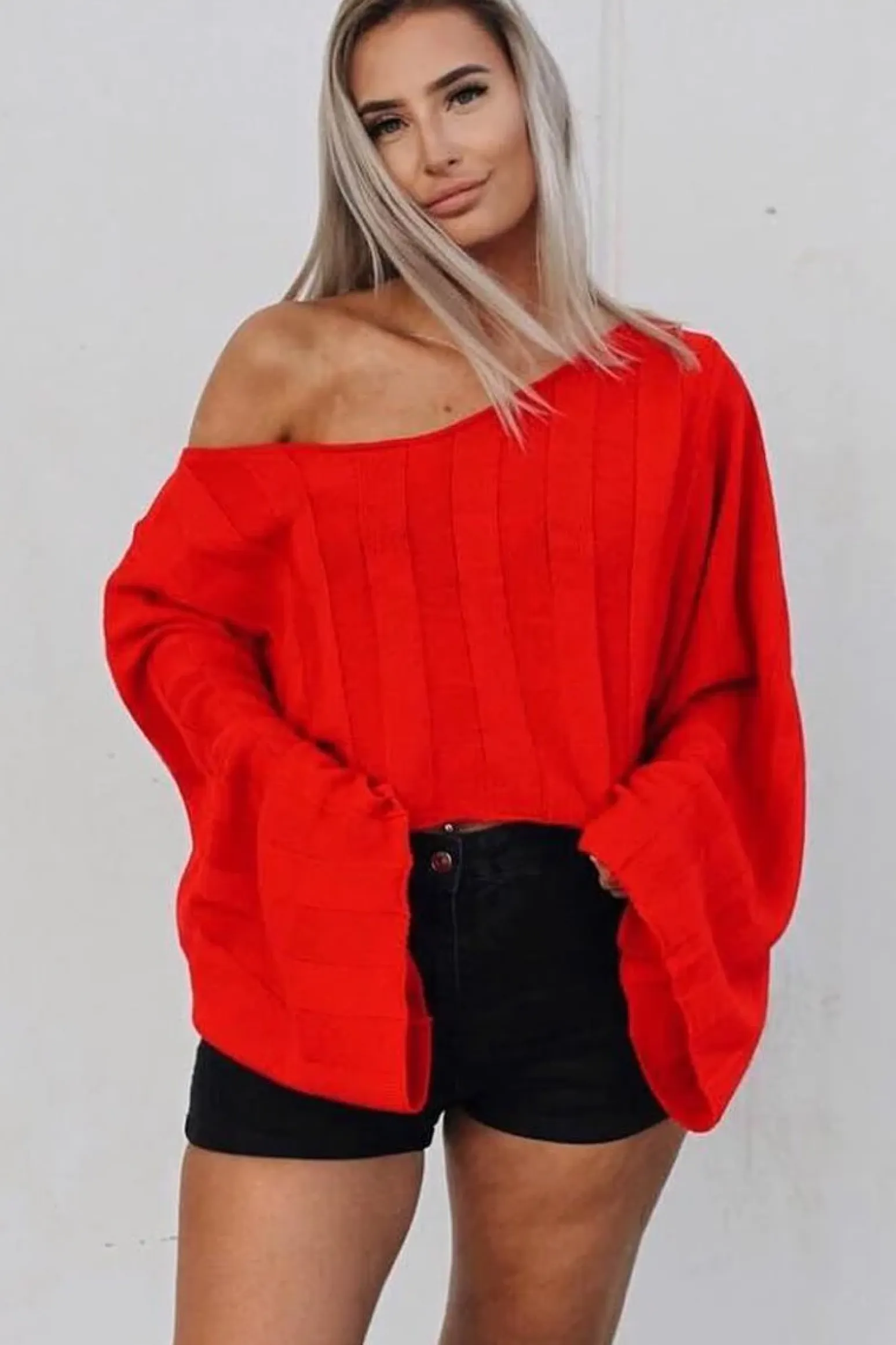 Rebellious Fashion Red Striped Cropped Batwing Jumper with V neck - Karri