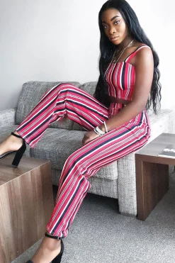 Rebellious Fashion Red Striped Crop Top and Trousers Co-ord Set - Kimmy