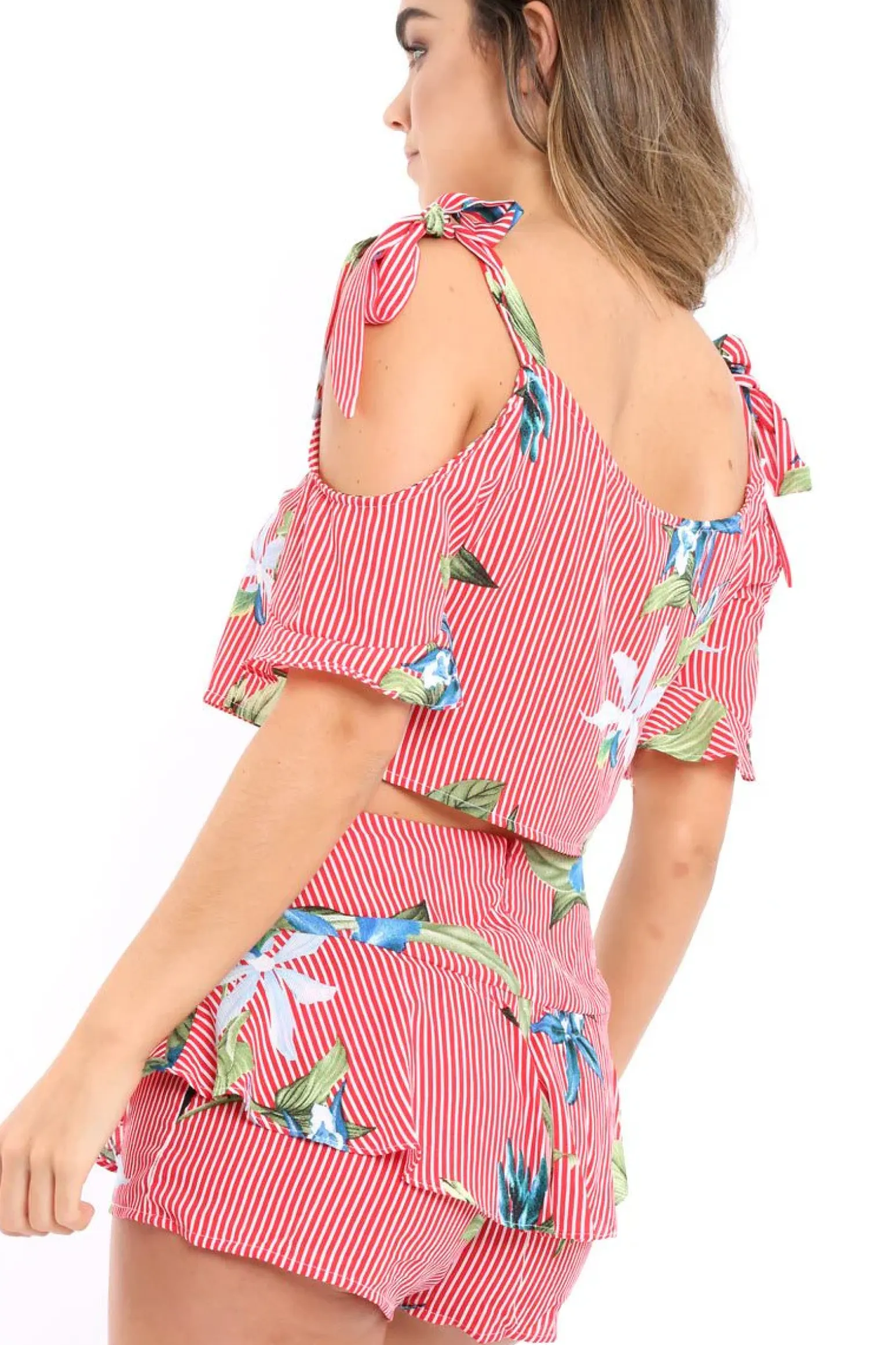 Rebellious Fashion Red Striped Floral Cold Shoulder Top - Madalene