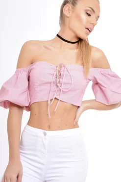 Rebellious Fashion Red Striped Lace Up Bardot Crop Top - Malin