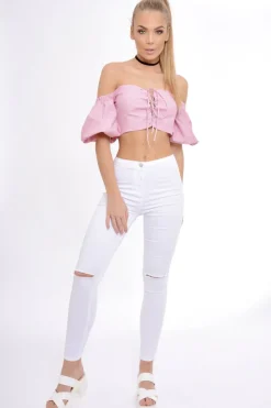 Rebellious Fashion Red Striped Lace Up Bardot Crop Top - Malin