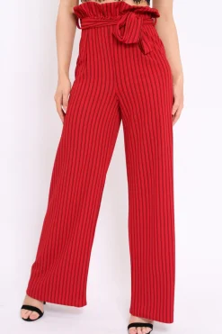Rebellious Fashion Red Striped Paper Bag Tie Waist Wide Leg Trousers - Kennedy