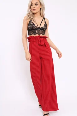 Rebellious Fashion Red Striped Paper Bag Tie Waist Wide Leg Trousers - Kennedy
