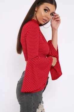 Rebellious Fashion Red Stripe Flare Sleeve Crop Top - Heela