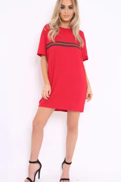 Rebellious Fashion Red Stripe Front T Shirt Dress - Kamden