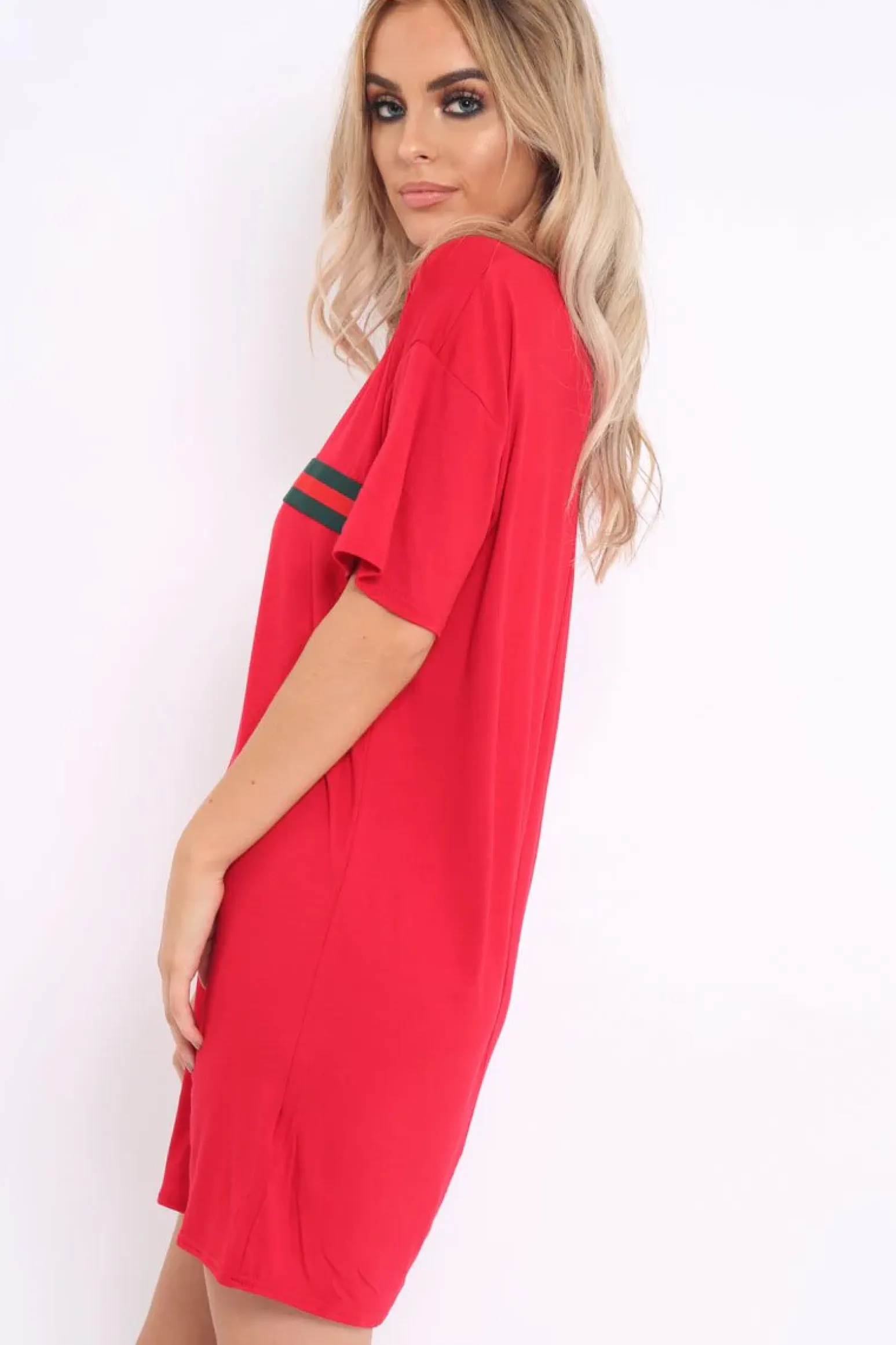 Rebellious Fashion Red Stripe Front T Shirt Dress - Kamden
