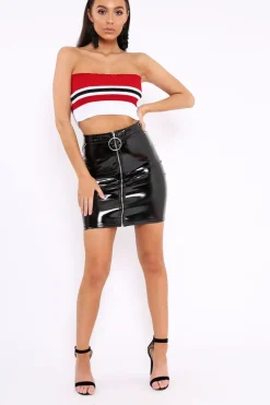 Rebellious Fashion Red Stripe Knit Frill Bandeau Crop Top - Poppy