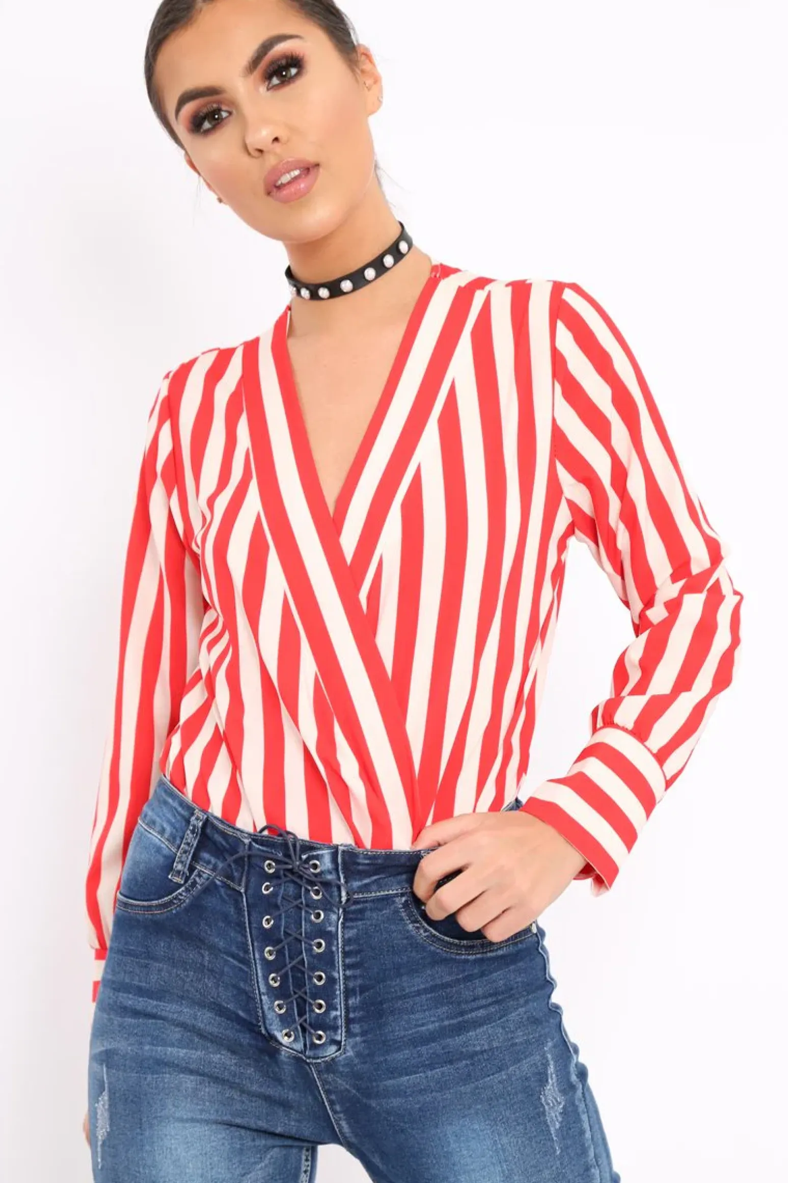 Rebellious Fashion Red Stripe Plunge Satin Bodysuit - North