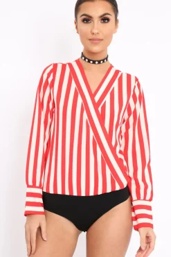 Rebellious Fashion Red Stripe Plunge Satin Bodysuit - North
