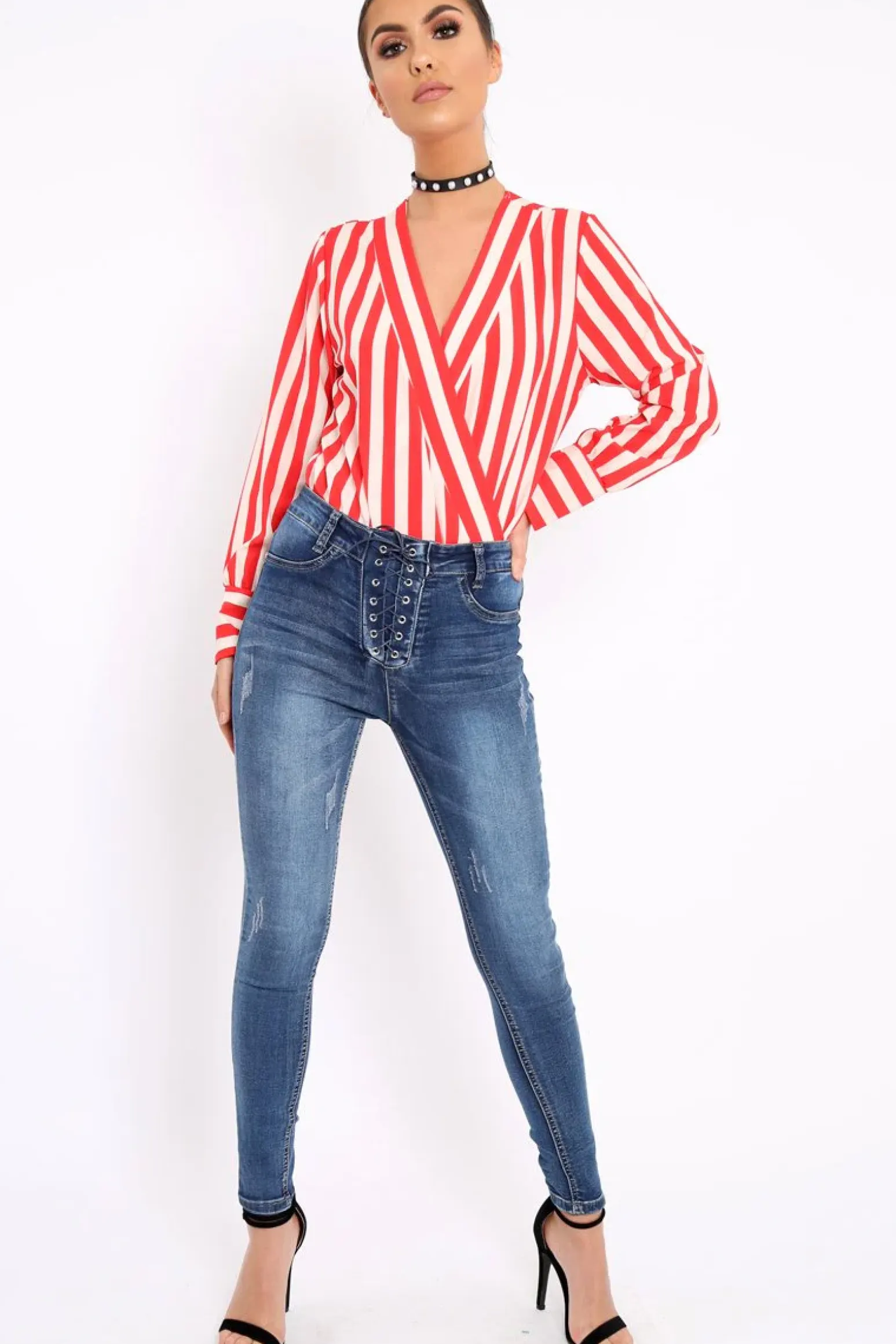 Rebellious Fashion Red Stripe Plunge Satin Bodysuit - North