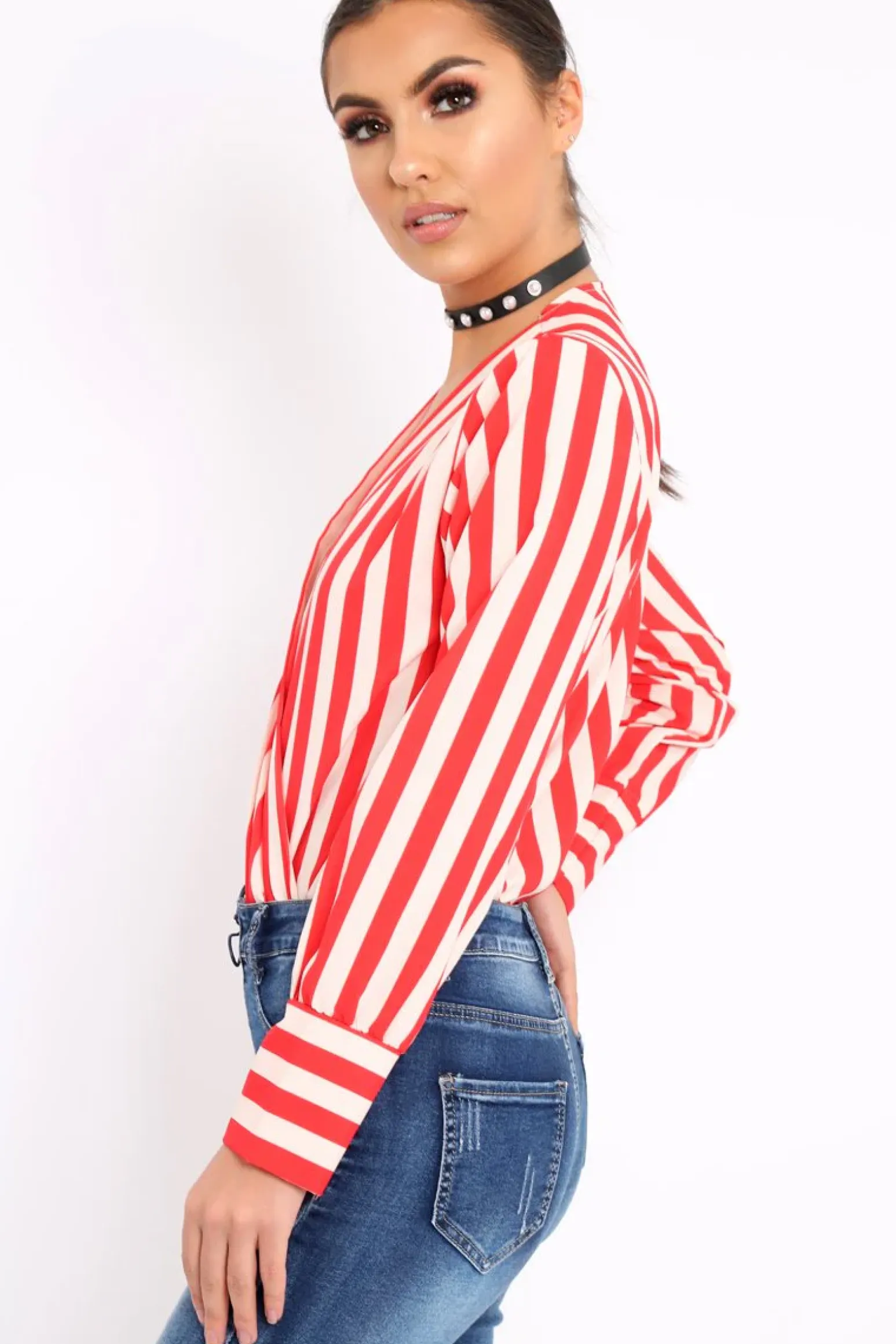 Rebellious Fashion Red Stripe Plunge Satin Bodysuit - North