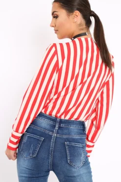 Rebellious Fashion Red Stripe Plunge Satin Bodysuit - North