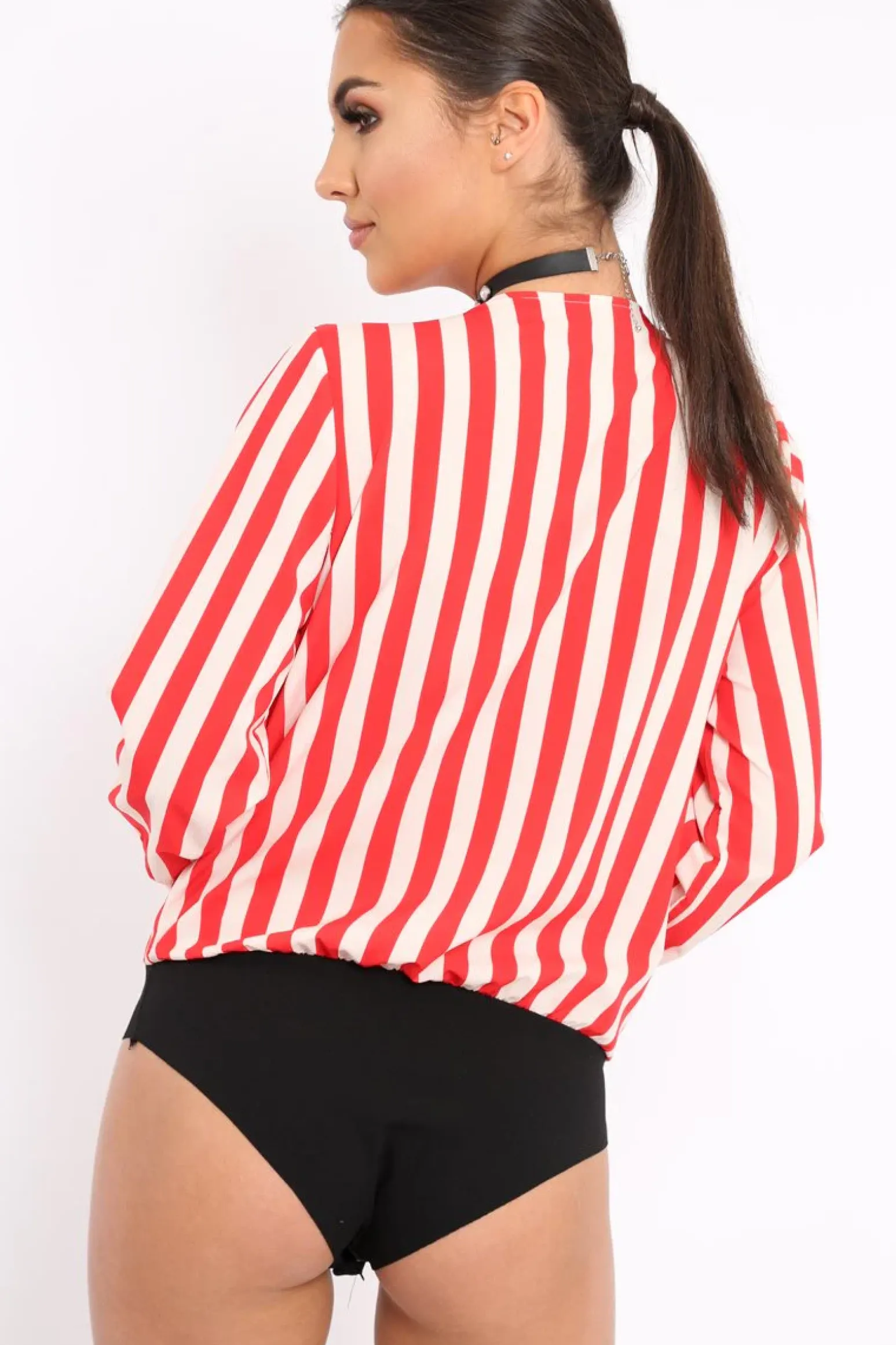 Rebellious Fashion Red Stripe Plunge Satin Bodysuit - North