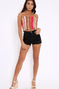 Rebellious Fashion Red Stripe Shirred Frill Bandeau Crop Top - Camren