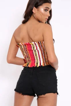 Rebellious Fashion Red Stripe Shirred Frill Bandeau Crop Top - Camren
