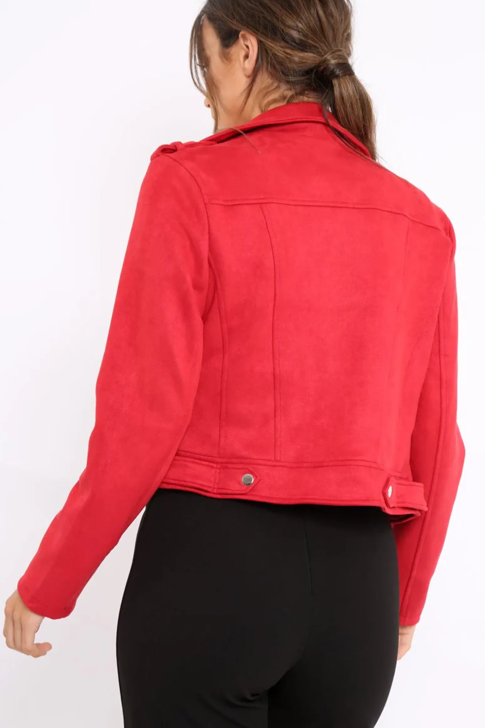 Rebellious Fashion Red Suedette Biker Jacket - Rachel