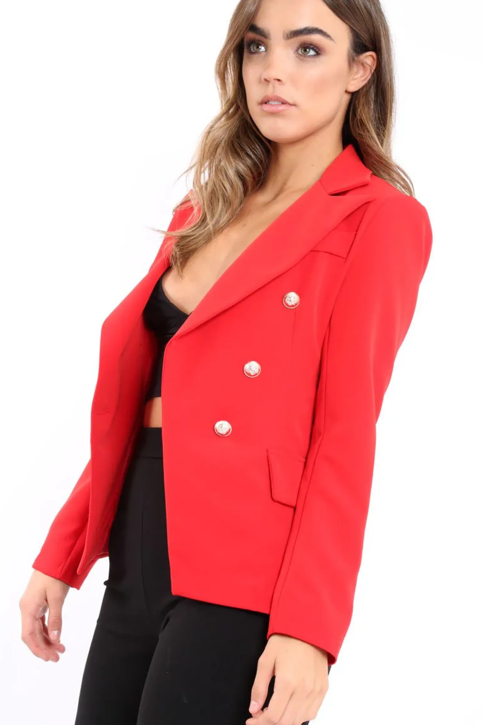 Rebellious Fashion Red Tailored Blazer with Silver Button Detailing - Rhetta