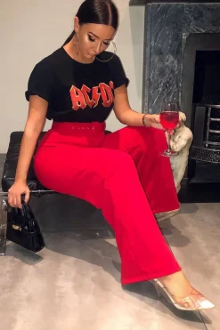 Rebellious Fashion Red Tailored Wide Leg Belted Trousers - Chenelle